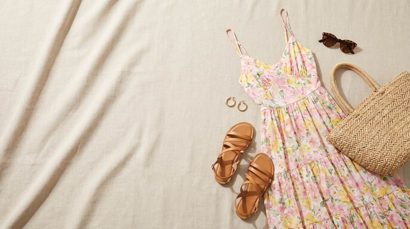 Summer women's fashion flat-lay — floral dress, sandals, straw tote and accessories